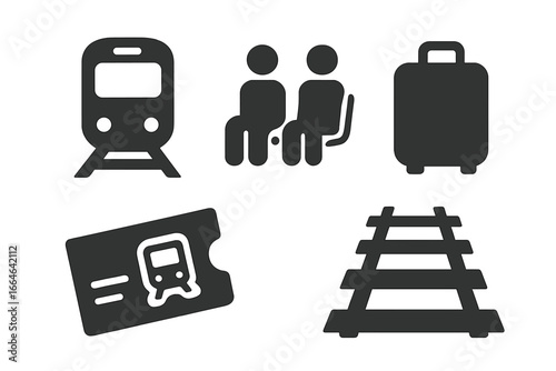 Train journey solid icon set. Travel by railway concept. Public transport symbols collection with locomotive, passengers, seat, luggage, ticket, and railroad tracks vector.