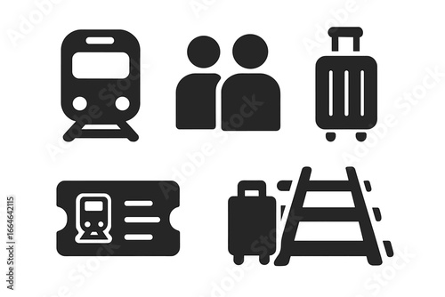 Train journey solid glyph icon set. Railway travel vector icons. Public transport symbols including train, passengers, luggage, suitcase, ticket, and railroad tracks pictogram.