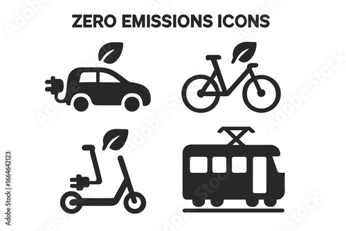Zero emission transport icon set. Eco friendly vehicle symbols for green energy. Electric car, e-scooter, bicycle, tram, bus icons. Sustainable, carbon neutral concept.
