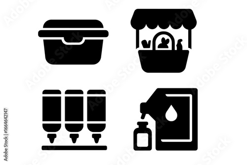 Zero waste solid icons. Eco-friendly shopping symbols. Reusable container, farmers market stall, bulk food bins, refill station. Sustainable plastic-free lifestyle concept.