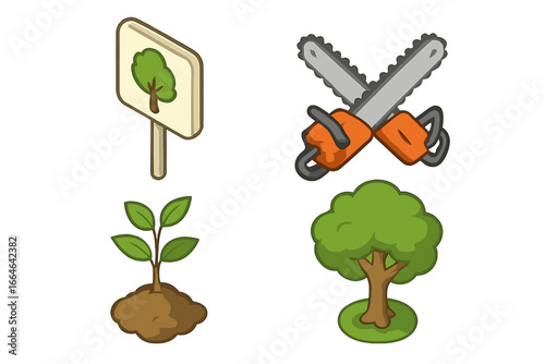 Tree activism isometric icon set. Environment conservation, protest against deforestation. Vector icons of sapling growth, forest protection sign and crossed logging chainsaws.