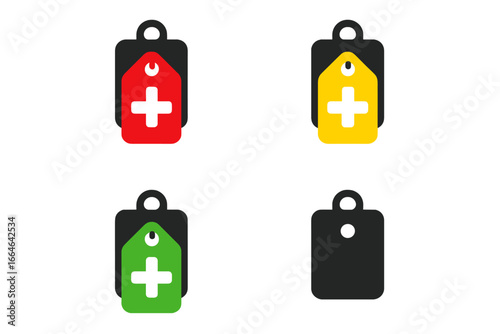 Medical triage tags icon set. Emergency patient classification system for disaster response. Vector labels for immediate, delayed, minor, and expectant categories.