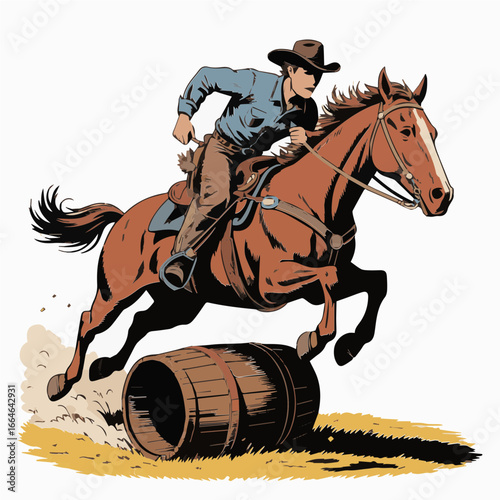 Vector illustration of cowboy riding a racing horse and Barrel