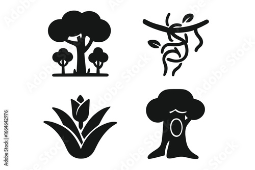 Rainforest habitat solid icon set. Jungle vector glyphs collection of dense forest canopy, tangled vines, bromeliad plant, and hollow tree, representing animal shelters.