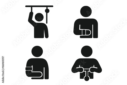 Upper body physiotherapy solid glyph icon set. Medical rehabilitation and recovery concepts. Arm injury, shoulder pulley, elbow brace, wrist roller exercise vector pictograms.