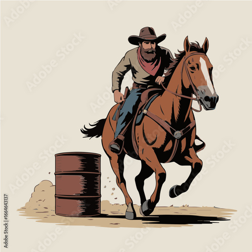 Vector illustration of cowboy riding a racing horse and Barrel