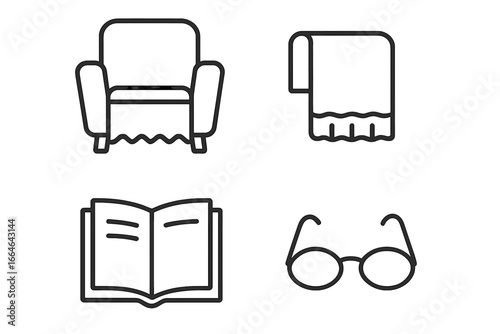 Reading nook icon set. Cozy home items for comfort and relaxation. Line art symbols of an armchair, book, glasses, and a lap blanket. Vector illustrations for a leisure or hobby concept.