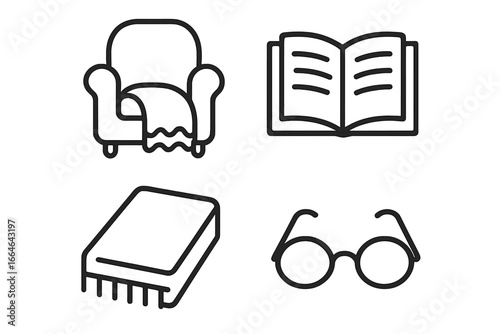 Reading nook icon set. Outline vector symbols for a cozy home, relaxation, and study. Includes armchair, book, glasses, and a lap blanket. Concept for hygge and quiet leisure.