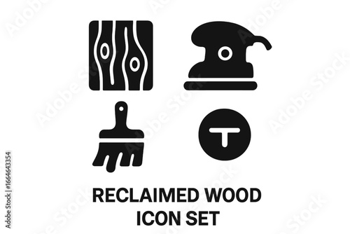 Reclaimed wood icon set. Woodworking glyph icons with wooden plank, orbital sander, paintbrush for varnish, and nail head. Carpentry, DIY, and furniture restoration symbols.