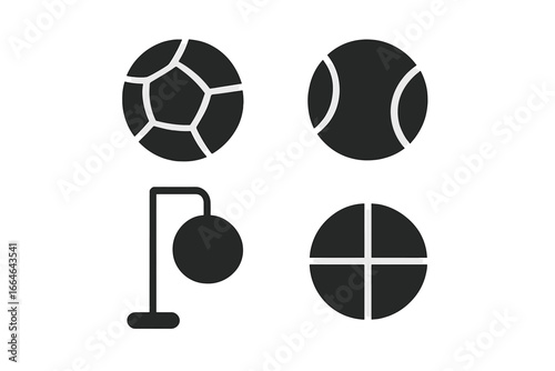 Recreational balls solid icon set. Vector glyph symbols for sports and games. Includes handball, kickball, tetherball, and foursquare ball for playground activities.