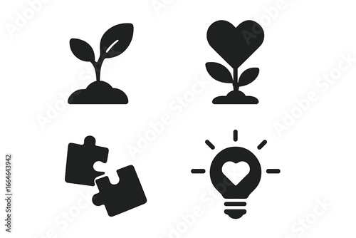 Relationship growth and personal development vector icon set. Contains sprouting plant, heart flower, puzzle piece connection, and love idea lightbulb. Solid glyph symbols.