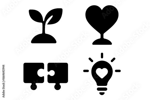 Relationship growth icon set. Love, connection, and personal development concepts. Sprouting plant, heart flower, puzzle pieces, and light bulb with heart vector illustrations.