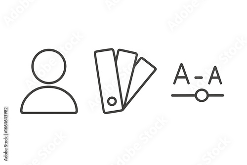 User interface outline icons for personalization settings. Vector set with user avatar, theme color palette, font size slider. UI UX design and app accessibility elements.