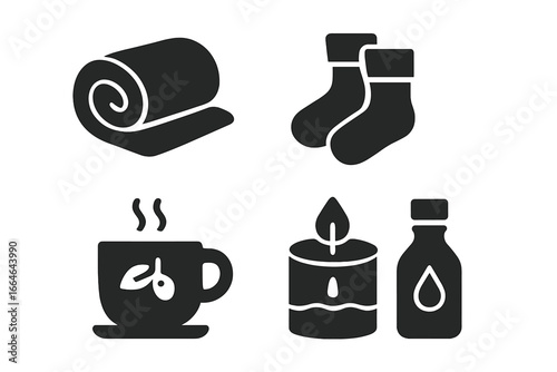 Relaxation solid icon set. Self care and wellness concept. Cozy home items for comfort and stress relief. Hygge lifestyle symbols. Warm blanket, socks, herbal tea, candle, essential oil.