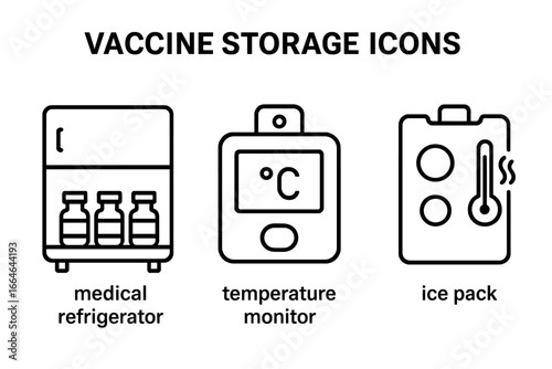 Vaccine storage and cold chain icon set. Vector icons of medical refrigerator, temperature monitor, and ice pack for medicine transport, logistics, and immunization program.