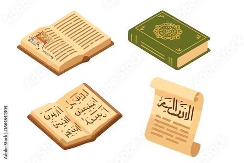 Religious calligraphy isometric icon set. Includes Quran, ancient holy book, medieval illuminated manuscript, and sacred scroll. Vector illustration for history and culture.