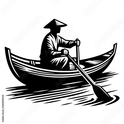 Fisherman Rowing Boat Alone