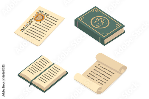 Set of religious isometric icons. Holy Quran book, ancient manuscript, illuminated scripture page, and parchment scroll. Islamic and Christian art, history and sacred texts vector.