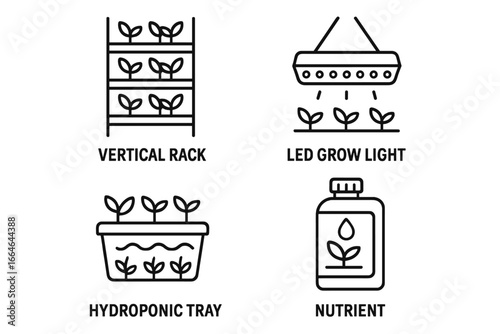 Vertical farming icon set with modern vertical racks, LED grow lights, hydroponic trays, and nutrient solutions for sustainable indoor agriculture vector illustration