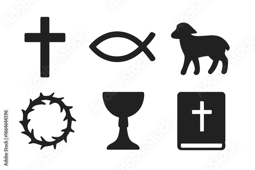 Christian religious symbols icon set. Solid glyph icons of the cross, ichthys fish, lamb of God, crown of thorns, holy chalice, and Bible. Faith and worship vector elements.