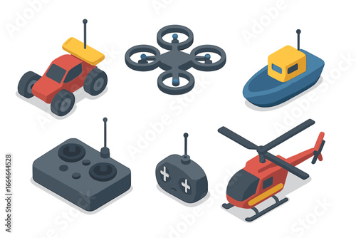Isometric remote control toy vehicle icon set. RC car, quadcopter drone, speed boat, and helicopter vector illustrations. Flat graphic collection of radio-controlled models.