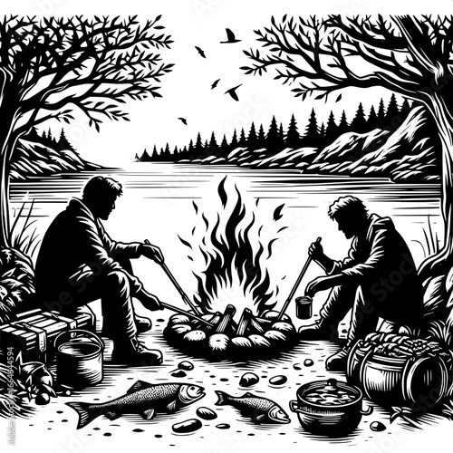 Fishermen Cooking Fish on Shore