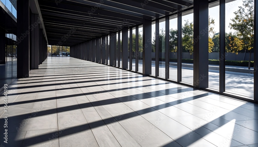 Fototapeta premium A sun-drenched modern hallway, with long, dramatic shadows stretching across the light-grey tiled floor, evokes a sense of spaciousness and tranquility.