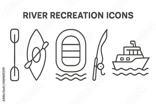 River recreation outline icon set. Vector symbols for water sports and leisure activities: kayak, paddle, canoe, inflatable raft, fishing rod, and cruise boat for design.