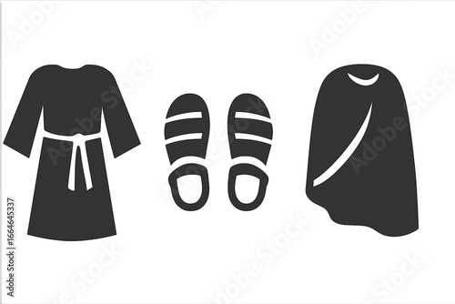 Robe, sandals, cloak vector icon set. Ancient biblical clothing of Jesus, apostle, or prophet. Historical Roman, Greek, or Hebrew tunic, mantle, and footwear silhouettes.