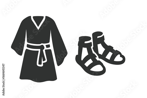 Ancient robe and sandals vector icon set. Historical biblical clothing silhouette. Roman or Greek tunic, cloak with belt sash, and leather sandals. Jesus Christ apostle costume.