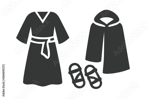 Ancient biblical robe, cloak, and sandals icon set. Historical religious clothing of Jesus, apostle, or shepherd. Monk or pilgrim costume silhouette vector illustration.