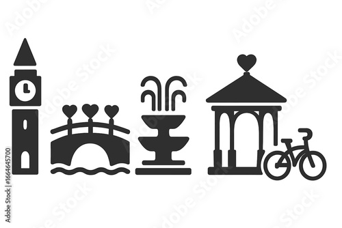 Romantic city park and travel landmark icons set. Love and romance concept symbols for Valentines Day. Vector illustration of a clock tower, bridge, fountain, gazebo, bike.