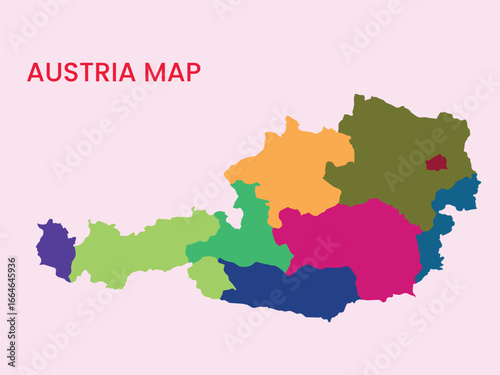 Map of Austria, Map of Austria states vector Illustration. Burgenland, Carinthia, Lower Austria, Upper Austria, Salzburg, Styria, Tyrol (Tirol), Vorarlberg, Vienna.
