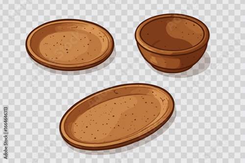 Rustic ceramic tableware icon set. Isometric vector illustration of handmade clay pottery collection: dinner plate, salad bowl, serving platter. Natural country-style dishware.