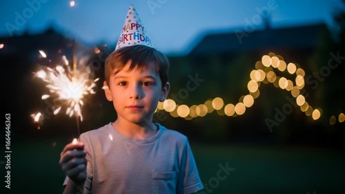 A young Caucasian boy holds a sparkler while wearing a birthday hat. Soft bokeh lights are visible in the background, creating a festive atmosphere.