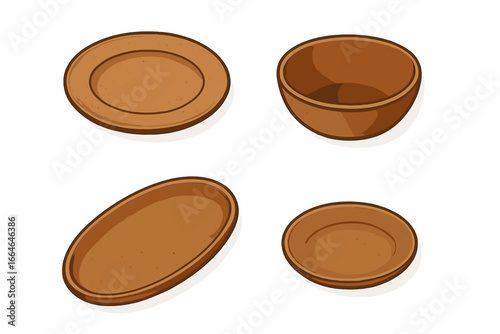 Rustic tableware icon set. Isometric vector illustration of ceramic dinnerware. Includes clay pottery dinner plate, bowl, and serving platter. Kitchen and food concept design.