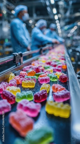 Colorful gummy candies move along the conveyor belt in a busy factory setting during daytime production hours