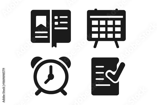 Time Management Icons Solid Filled Vector Set of Essential Tools for Teachers Planner, Schedule Board, Alarm Clock, Task Checklist, Productivity and Organization Symbols