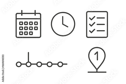 Timeline and Schedule Icon Set with Calendar, Clock, Checklist, Milestone Marker, and Infographic Elements. Vector Outline Illustration for Project Planning and Time Management