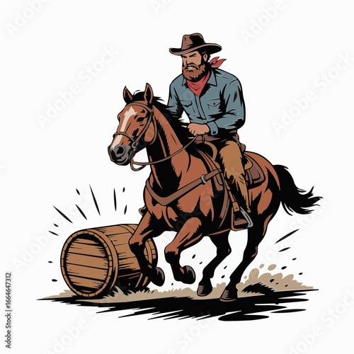 Vector illustration of cowboy riding a racing horse and Barrel
