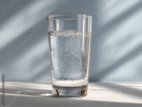 A tall glass brimming with sparkling water sits on a sunlit countertop, highlighting the bubbles rising to the surface as shadows play across the background