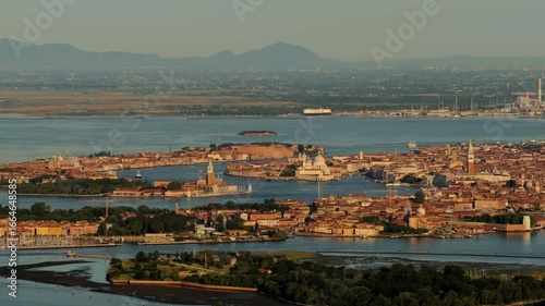 Sideways Aerial Pan Over Venice and San Giorgio Maggiore at Sunrise