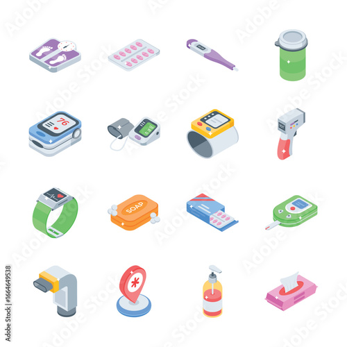 Grab this amazing set of medical supplies isometric style icons