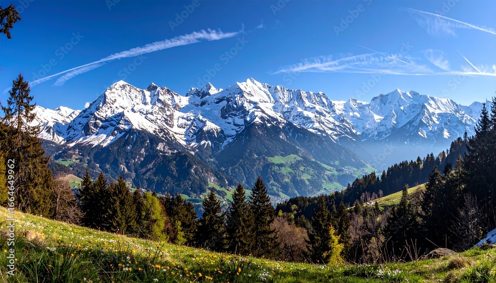 Fototapeta premium Beautiful panoramic landscape of the Swiss Alps with snowy peaks and green valleys. Perfect for travel ads, nature backgrounds, and tourism promotions.