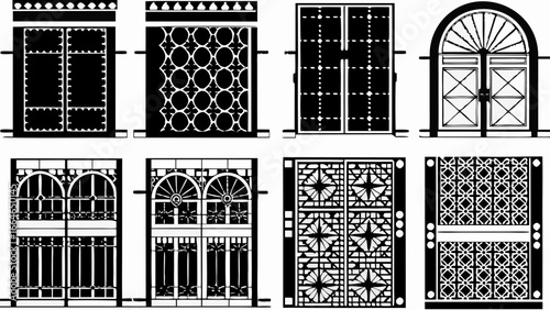 A collection of eight decorative window or gate designs in black and white showcasing varied patterns silhouette