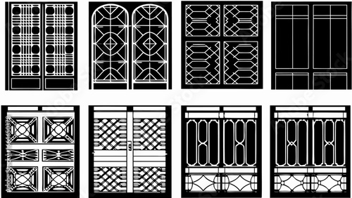 Illustration of various decorative metal gate designs with geometric patterns and ornate ironwork details silhouette