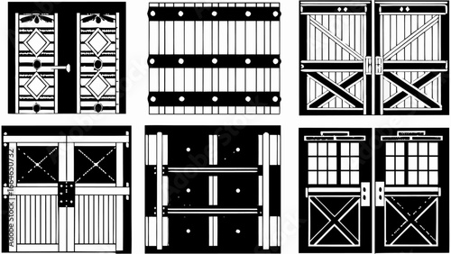 Illustration showcasing various door designs including barn doors and decorative panel doors in black and white silhouette
