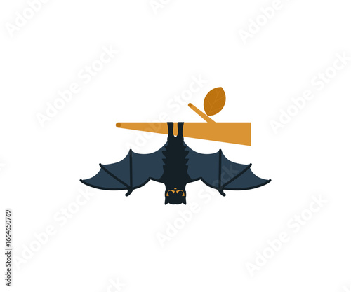 Cute spooky bat hanging on tree branch. Creepy funny night vampire animal upside down with wings spread. Scary Halloween character. Childish flat vector illustration isolated on white background 