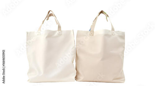 Two blank beige canvas tote bags isolated on a white background. Eco-friendly reusable shopping bag mockup for branding, design, or promotional purposes