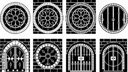 Collection of eight black and white architectural designs featuring circular and arched doorways set in brick walls silhouette